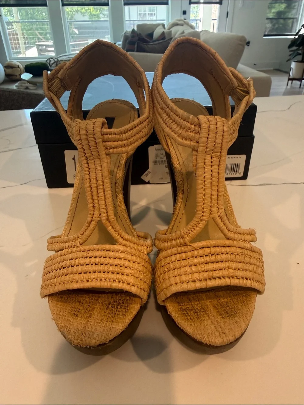 Rachel Zoe Tan Raffia T-Strap Platform Sandals